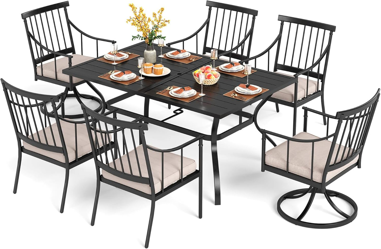 PHI VILLA 7 Pieces Outdoor Dining Set with Cushion for 6, 60” Rectangular Metal Dining Table with Umbrella Hole & Cushioned Iron Swivel Chairs Furniture Set for Patio, Deck, Yard
