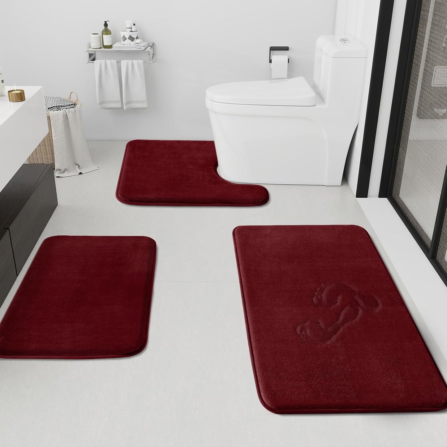 HUXMEYSON Bathroom Rugs Sets 3 Piece, Non-Slip & Quick Dry Bath Mat Set, Ultra Soft Velvet Bath Rugs for Bathroom, Toilet and Shower Floor, Red