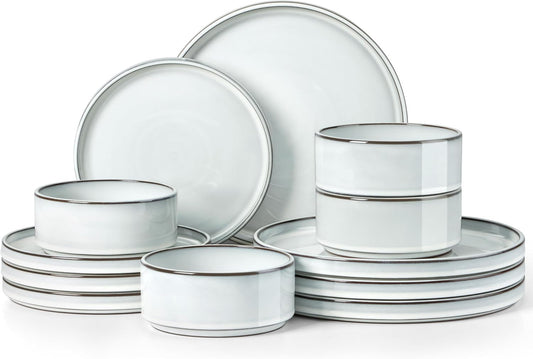 Herogo 12 Pieces Stoneware Dinnerware Set for 4, Ceramic Dinner Dishware Sets for Home Kitchen, Plates and Bowls with Rustic Terracotta Bottom, Dishwasher & Microwave Safe, Icy White