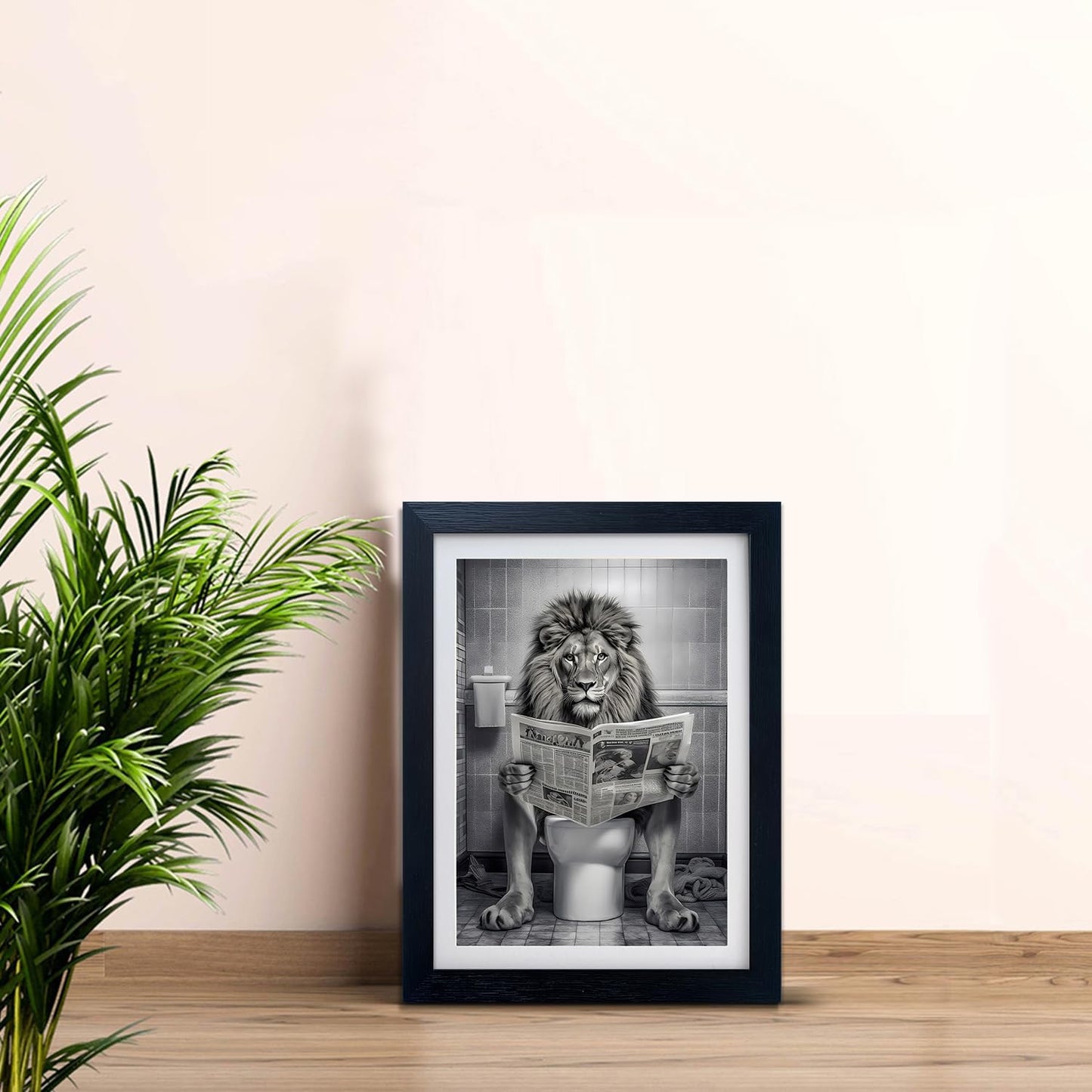 Bathroom Wall Decor Black and White Lion in Toilet Picture Print Funny Bathroom Wall Art Animal Artwork