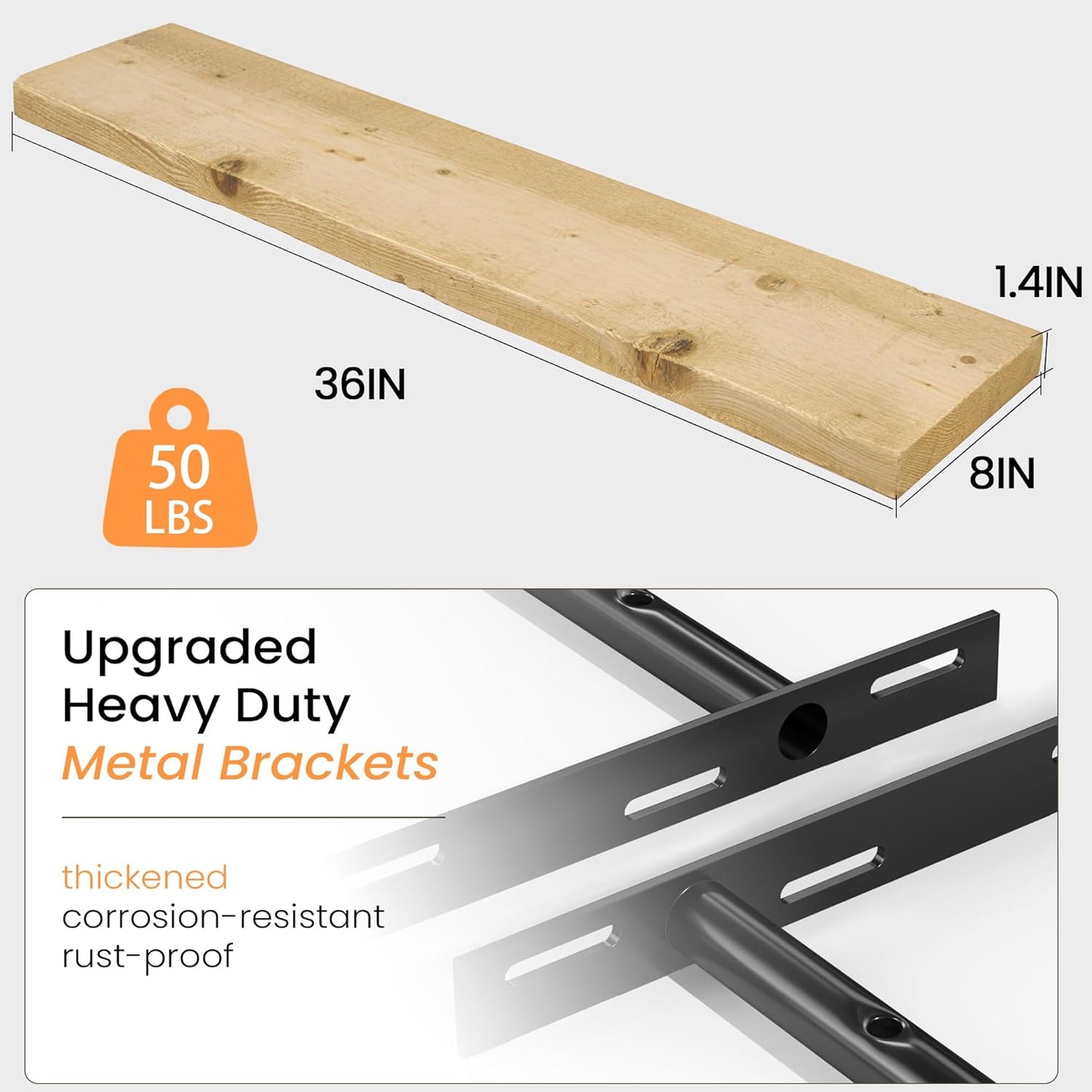 Fun Memories Floating Shelves for Wall Decor, 36"x8" Rustic Reclaimed Wood Shelves, Heavy-Duty Wall Mounted Shelves with Invisible Brackets, Set of 2for Living Room, Bedroom, Kitchen, Natural Finish