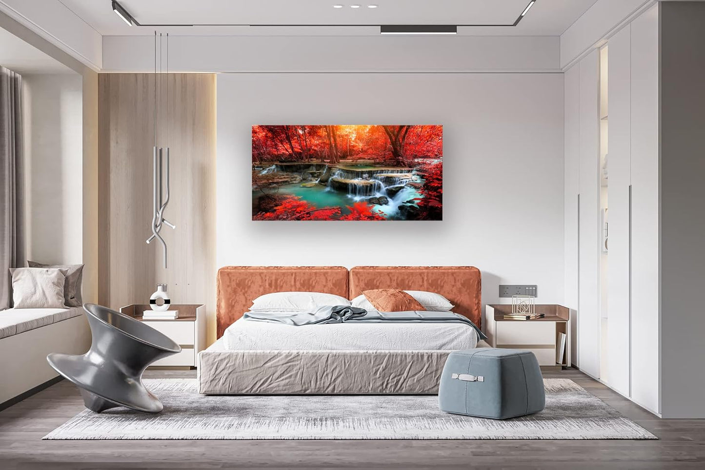 Muolunna BK03950 Wall Art Decor Canvas Print Picture Red Forest Waterfalls 1 Piece Modern Landscape Tree for Living Room Bedroom Kitchen Office Home Decorations Stretched and Framed Ready to Hang