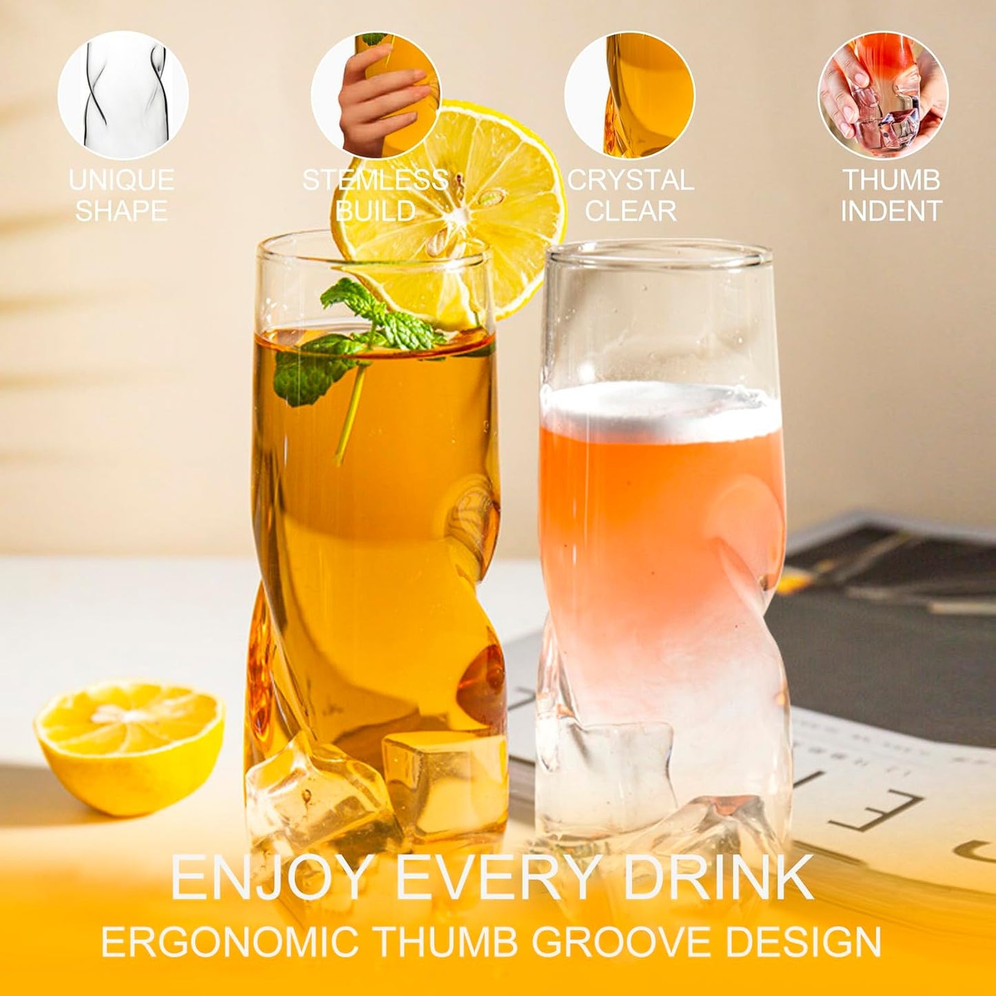 Stemless Wine Glasses Set of 2, 9oz with Finger Indentations for Red Wine, Bourbon, Scotch & Cocktails, Modern Unbreakable Barware Gifts