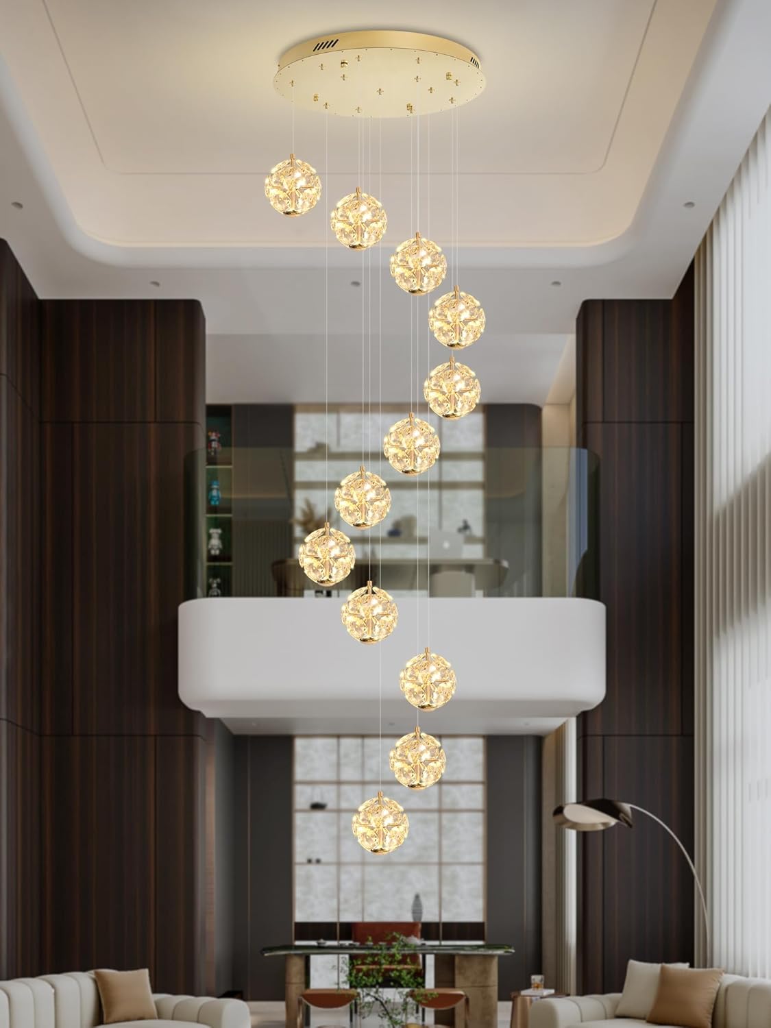 10-Light LED Staircase Modern Pendant Light Gold Crystal Ball Chandeliers Large Chandeliers for High Ceilings, Entryway Lighting Fixture Villas and Stairs