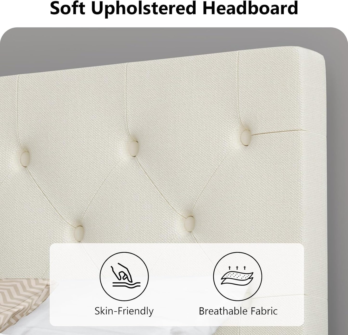 HOMBCK Queen Size Bed Frame with Headboard, Linen Fabric Upholstered Platform Bed Frame, Button Tufted Bed Frame Queen, Wooden Slat Support, No Box Spring Needed, Easy Assembly, Cream