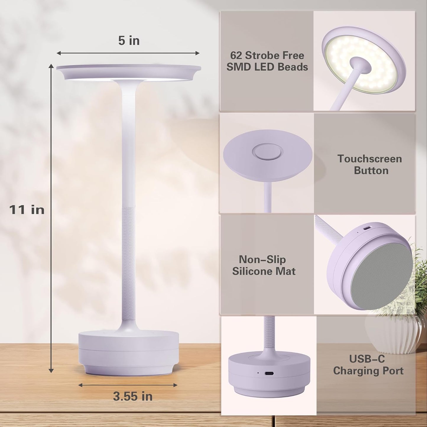 Cordless Table Lamp 2P Light Purple Portable Lights LED Rechargeable Battery Operated 3 Levels Brightness IP54 Waterproof Memory Function for Outdoor Patio Travel Cafe Restaurant