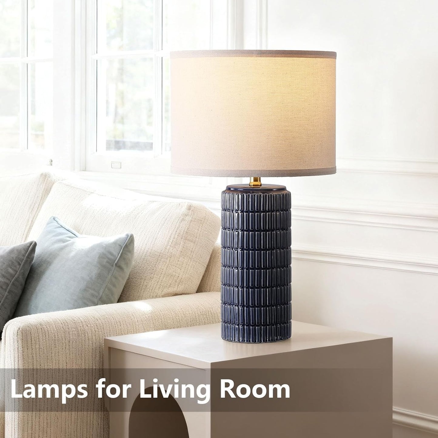 Modern Ceramic Table Lamp Set of 2, Bedside Lamp for Bedroom Decor, Nightstand Lamp with 3 Color Temperatures, Desk Light for Living Room Dorm Office, Blue