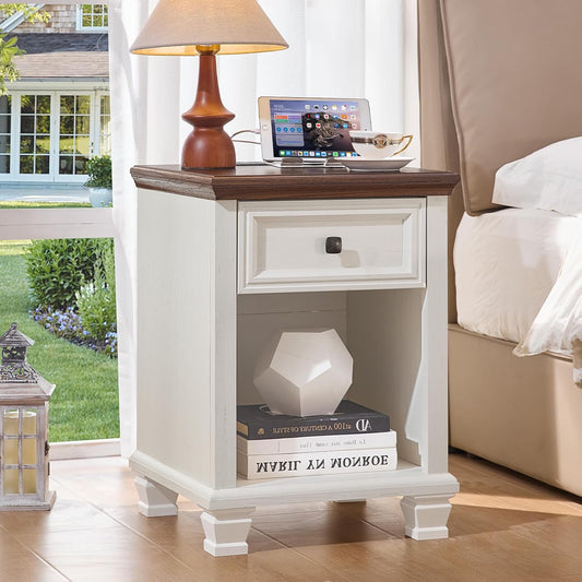 Farmhouse End Tables Living Room with Drawer, Rustic Wood Nightstand with Charging Station, Bedside Table with Open Shelf for Bed Room, Living Room, White