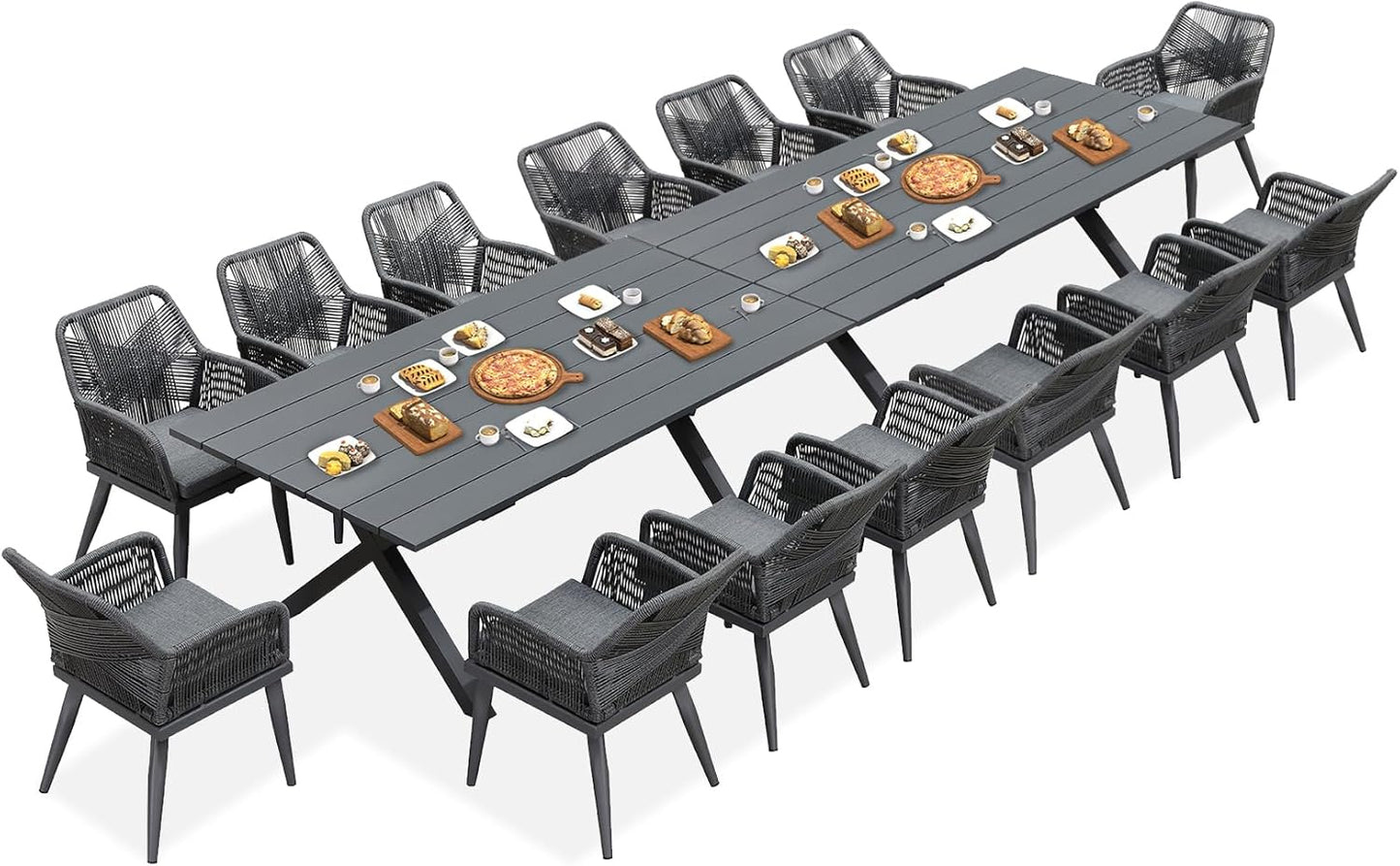 PURPLE LEAF 16 Pieces Outdoor Patio Dining Set All-Weather PE Rattan Furniture Set with All Aluminum Frame Outdoor Table and Chairs Set for 14 People Lawn Garden Backyard Deck, Grey