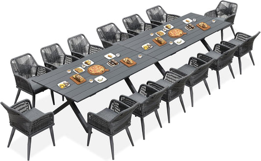 PURPLE LEAF 16 Pieces Outdoor Patio Dining Set All-Weather PE Rattan Furniture Set with All Aluminum Frame Outdoor Table and Chairs Set for 14 People Lawn Garden Backyard Deck, Grey