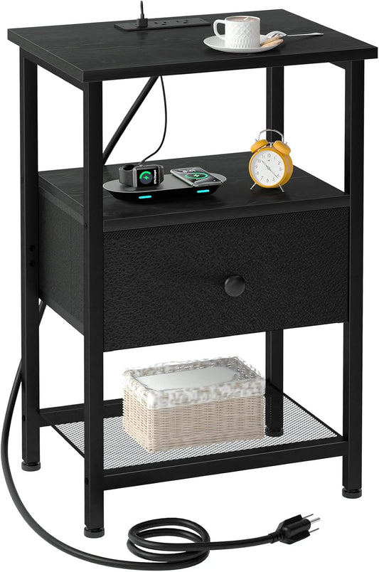 Nightstand with Charging Station, End Table with Storage Fabric Drawer, Night Stand for Bedroom, Small Bed Side Table with USB Ports and Outlets for Living Room, Black, HETS010BK-1