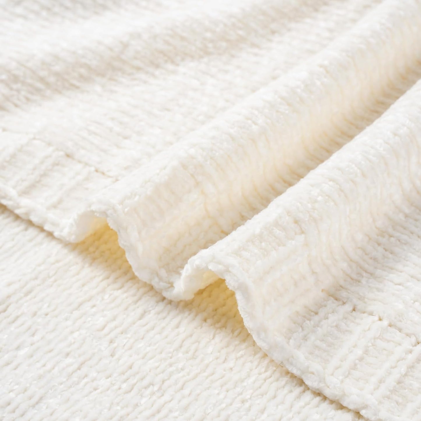 BATTILO HOME White Chenille Throw Blanket for Couch, Knit Cream Chenille Blanket for Bed, Sofa, Home Decor, Soft Warm Ivory Throw Blankets for Farmhouse,51"x67"