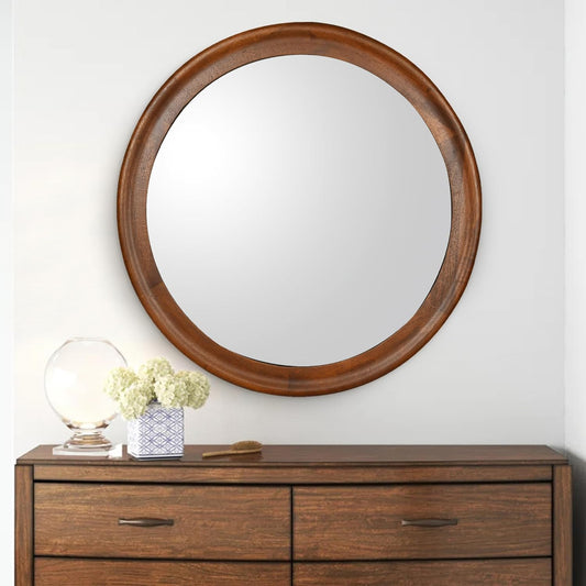 Round Wood Mirrors 30 Inch,Rustic Decorative Transitional Wall Mirror with Walnut Frame for Bathroom,Farmhouse Hanging Vanity Mirror for Entryway Living Room or Bedroom