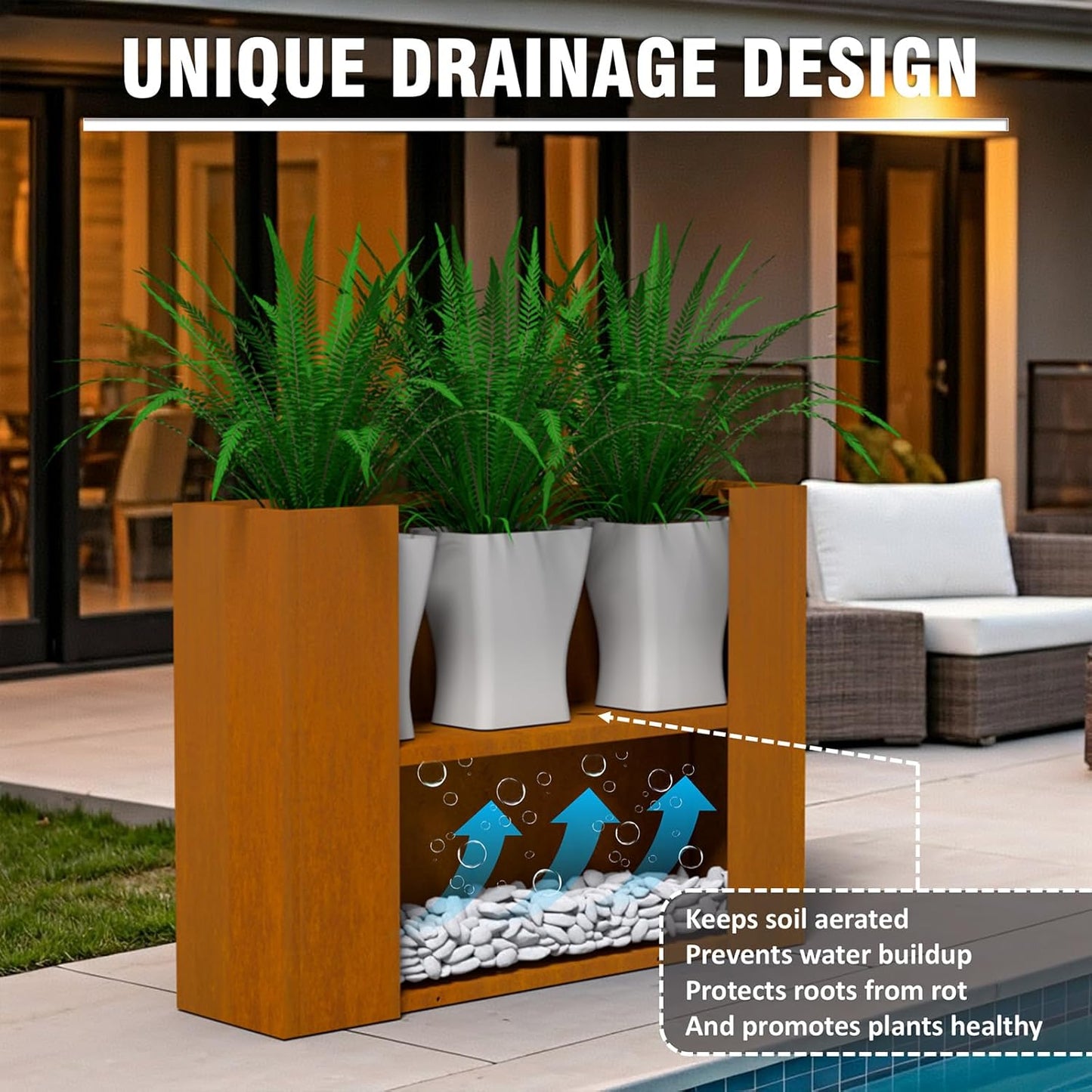 Modern Metal Planter Box 36" L x 9" W x 26" H – Rectangular Cor-Ten Steel Raised Garden Bed with Drainage Holes & Removable Shelf – Outdoor & Indoor Flower Planter for Patio, Yard & Porch