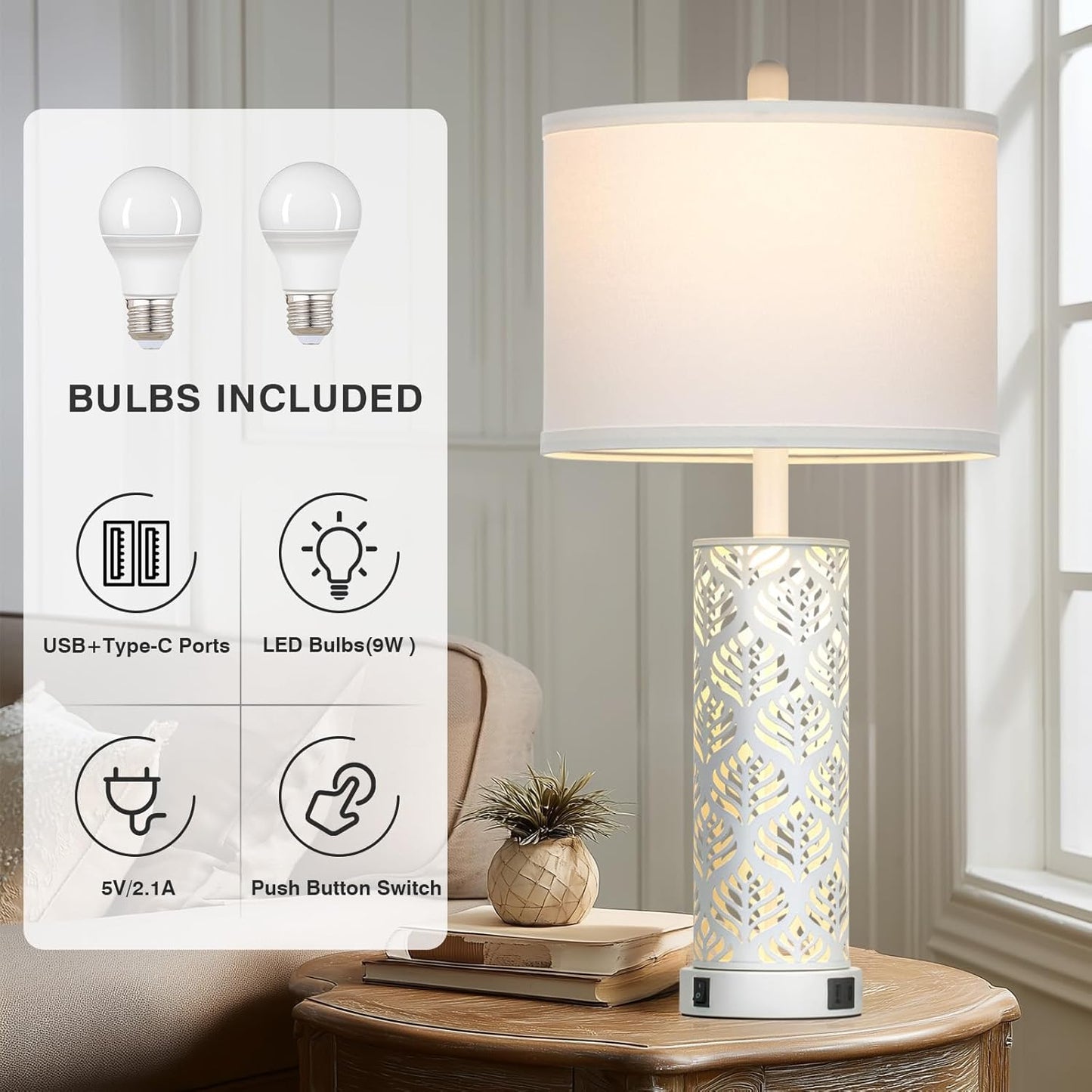 Set of 2 Rustic Table Lamps for Living Room Bedroom, Vintage Farmhouse Nightstand Lamp with 2 USB Ports, Hollow Out Metel Lamp for End Table with Nightlight (White)