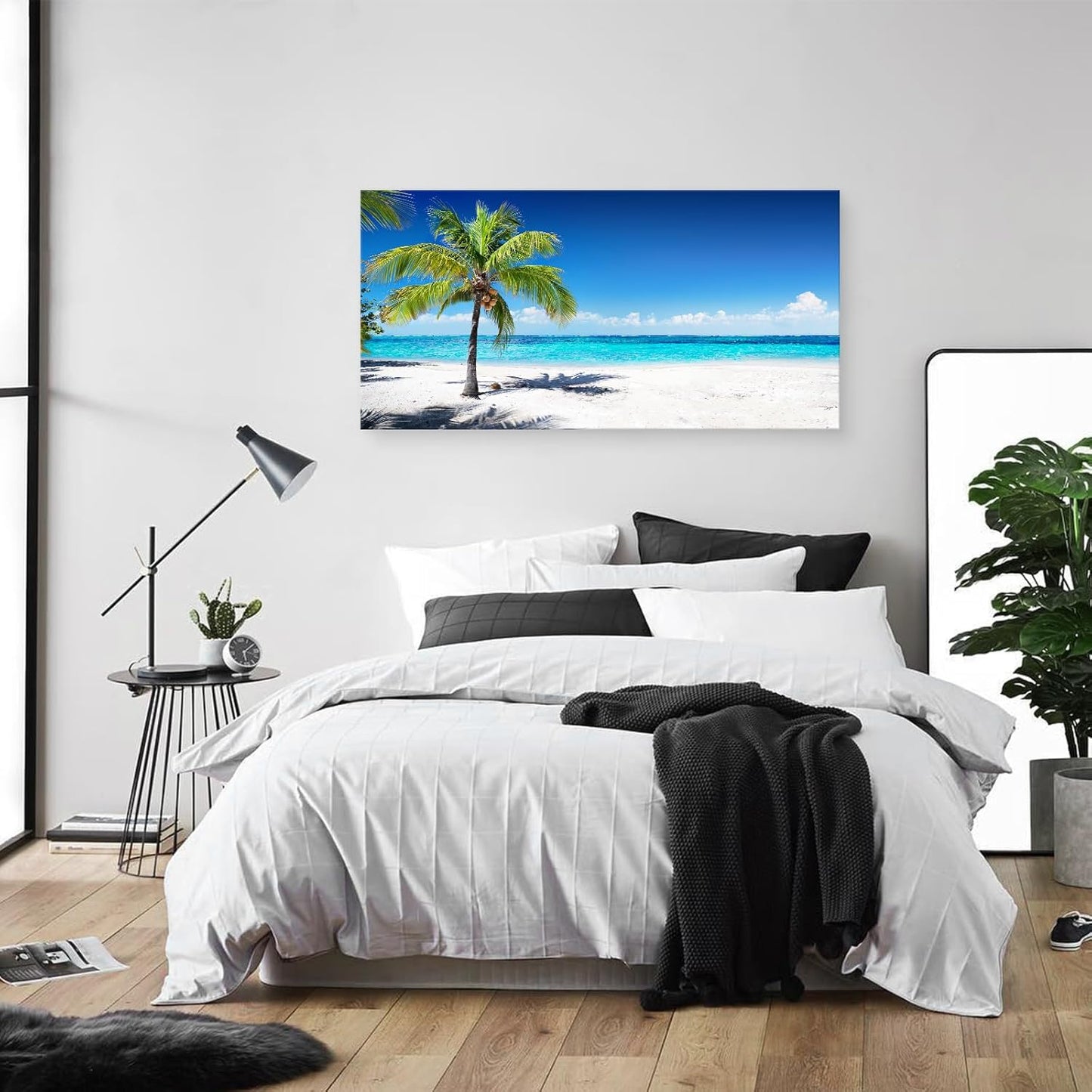 Baisuart-S03998 Large Canvas Wall Art Summer Ocean Waves Prints Coconut Trees on Sands Beach Seascape Painting Sea Nature Pictures Framed for Living Room Home Office Wall Decor Artwork