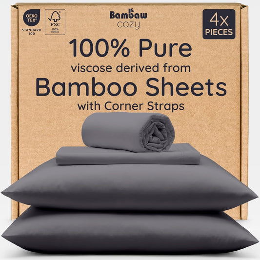 Bambaw 100% Viscose Derived from Bamboo Sheet Set Full Size – 4pcs Cooling Sheets for Hot Sleepers, with Elastic Corner Straps, Soft Bedding Set, Luxury Sheets Full Size (Charcoal)