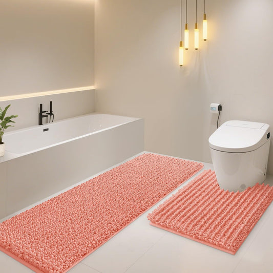 ACCUMTEK Upgrade Luxury 2 Piece Coral Toilet Bathroom Rug Mat U Shape 24"x20"+48"x20", Ultra Soft Thick Absorbent Bath Mats, Non Slip Chenille Toilet Mat for Bathroom, Bedroom, Kitchen, Shower, Tub