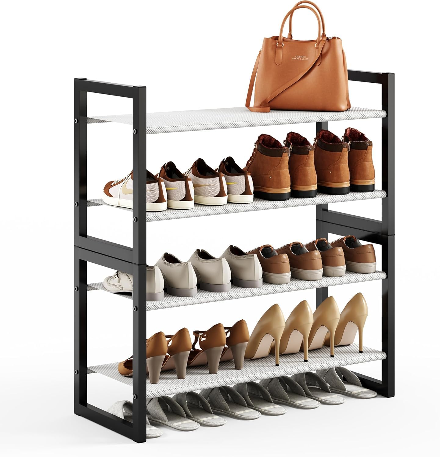Shoe Rack with Non-Woven Fabric, 4 Tier Shoe Organizer Metal Shoe Storage Shelf, Easy to Assemble, Sturdy & Durable Shoe Shelves, Shoe Rack for Closet, Entryway, Bedroom, Floor,Black