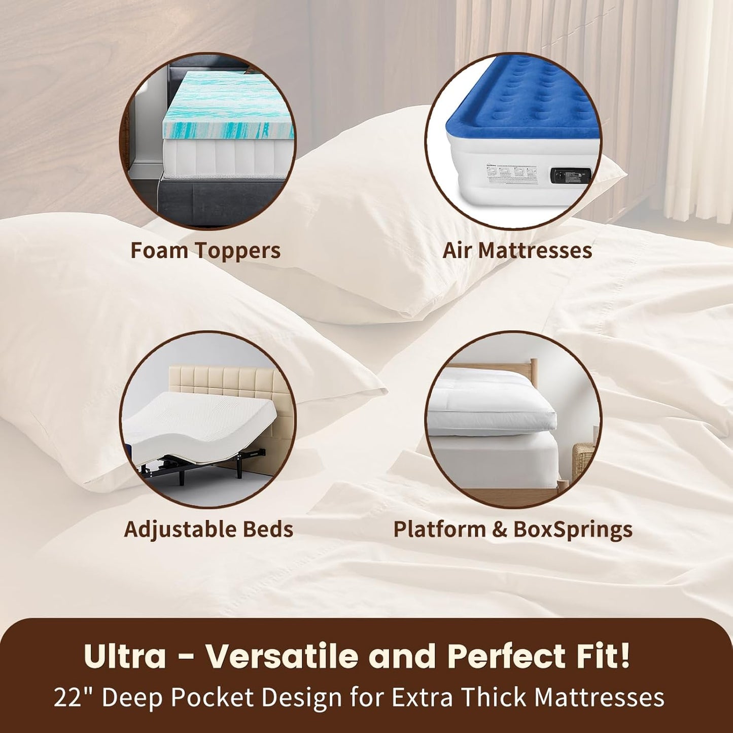 100% Linen Sheet Set King Size Extra Deep Pocket Fits 18-24 Inch Mattress, Breathable & Soft, Smooth 4-Piece Set for Thick Mattresses Hotel Luxury Bedding（King, Linen）