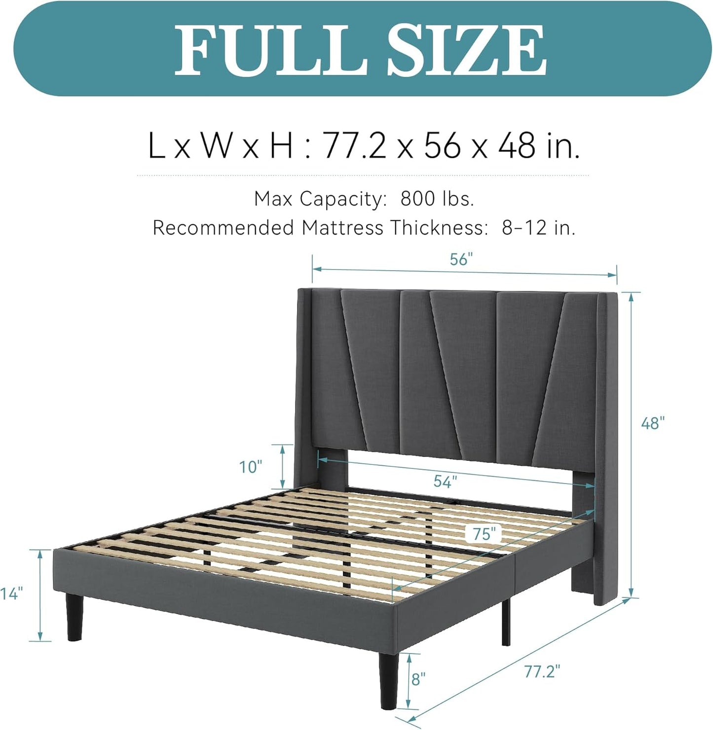HOOMIC Full Size Upholstered Platform Bed Frame with Modern Geometric Wingback Headboard, Wooden Slats, No Box Spring Needed, Mattress Foundation, Dark Grey