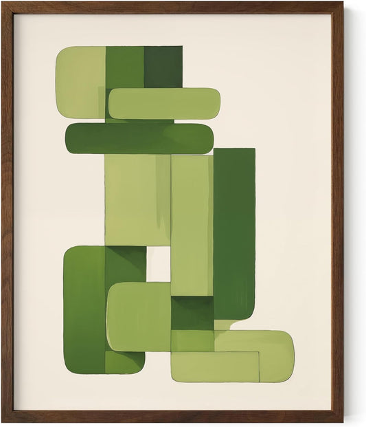 HAUS AND HUES Modern Abstract Wall Art - Blue and Green Living Room Art, Modern Artwork for Walls, Minimalist Picture for Living Room(Green Geometric, Walnut Frame, 16x20)
