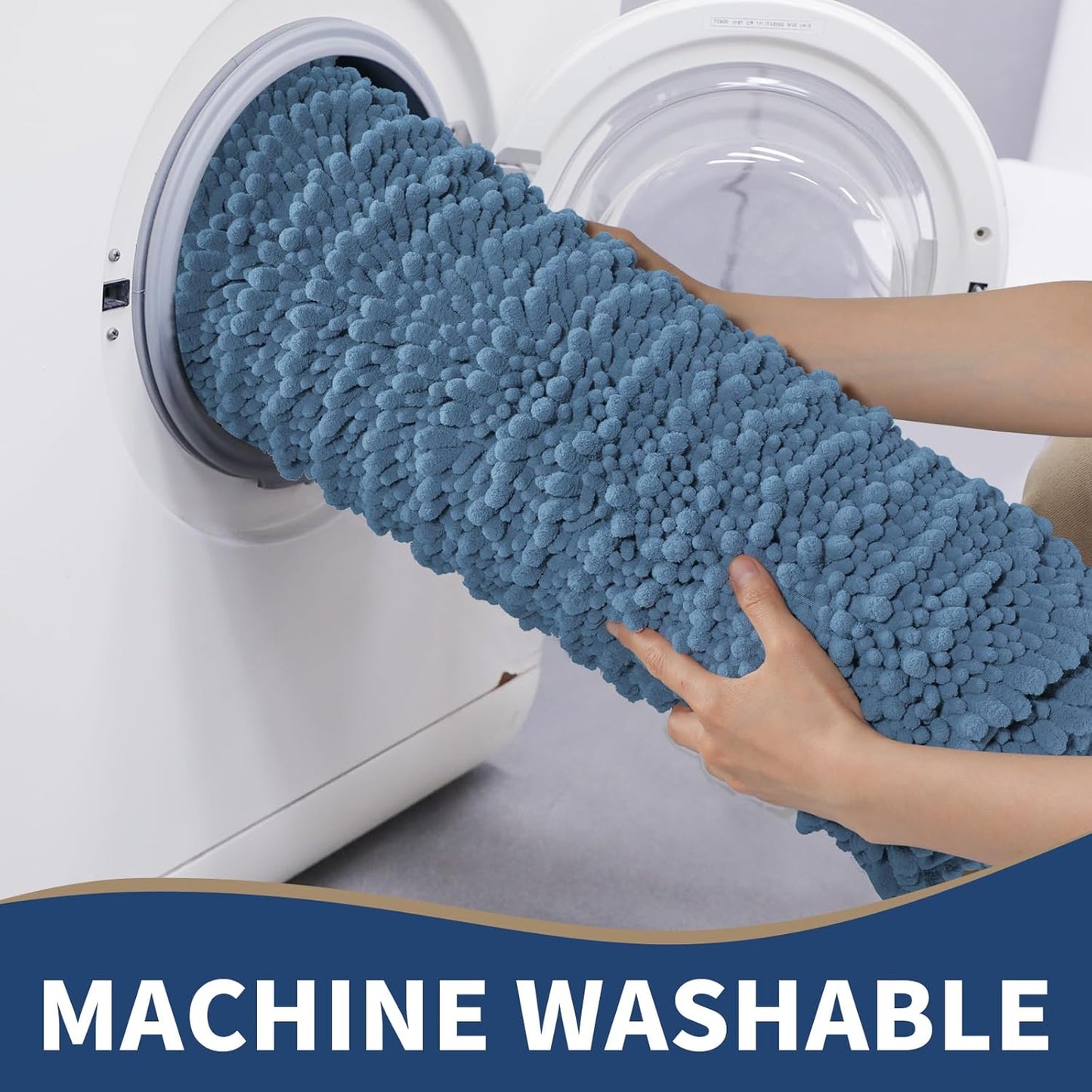 Yimobra Bathroom Rugs Sets 2 Piece - Quick Dry Extra Thick Luxury Chenille Bath Mat, Non Slip Super Absorbent for Tub Shower Sink, Machine Washable Shaggy Floor Mat, 32"x20"+24"x17" Inch, Denim Blue