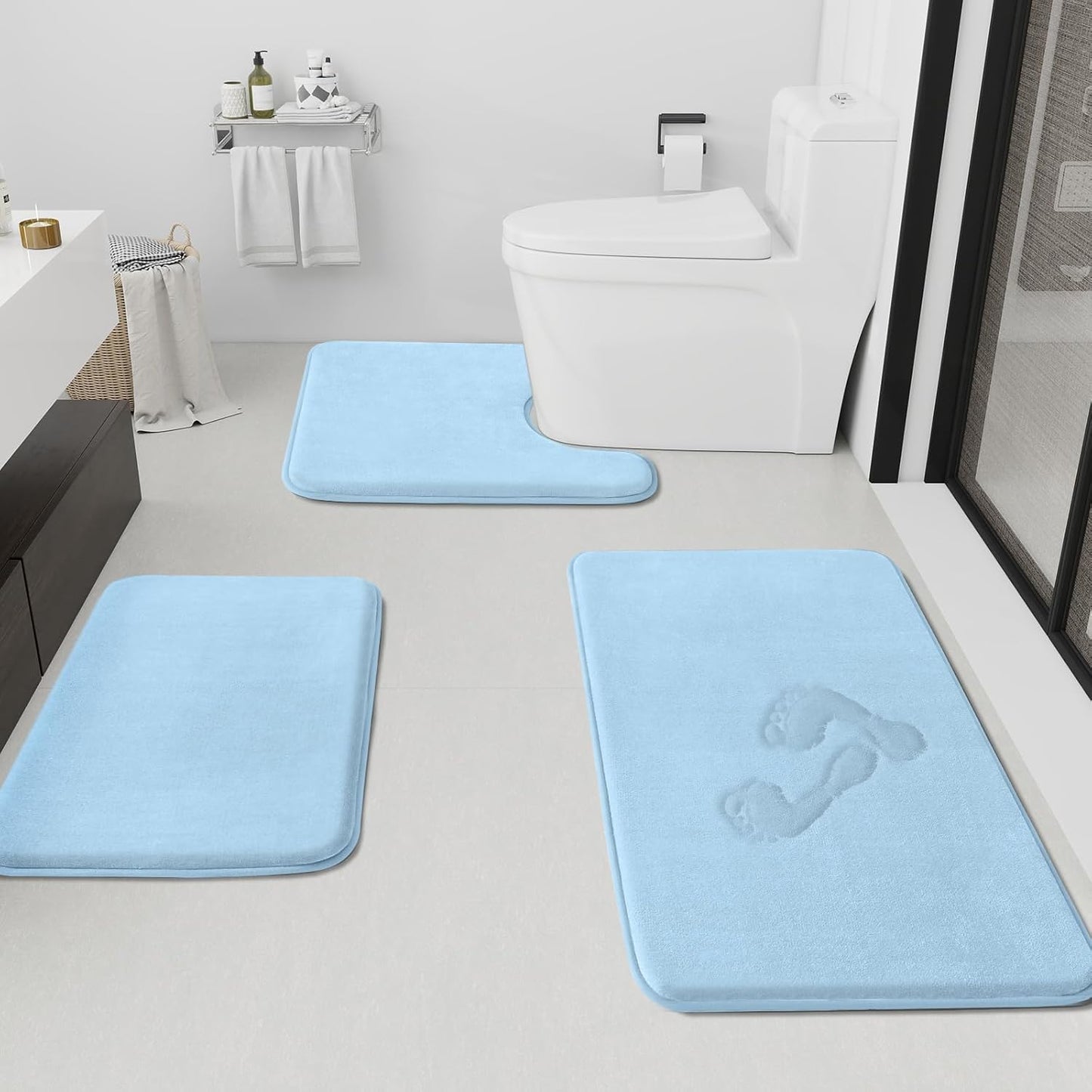 HUXMEYSON Bathroom Rugs Sets 3 Piece, Non-Slip & Quick Dry Bath Mat Set, Ultra Soft Velvet Bath Rugs for Bathroom, Toilet and Shower Floor, Light Blue