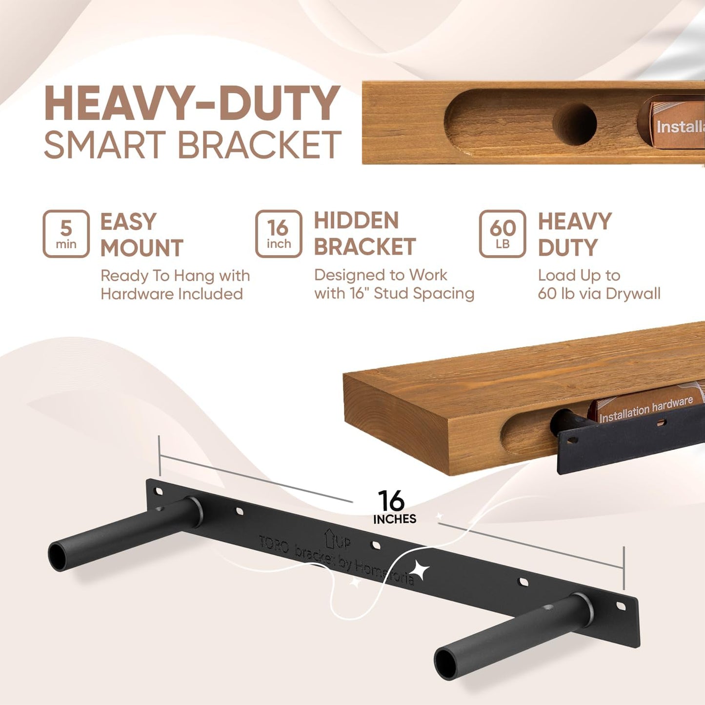 Homeforia 24 inch Golden Oak Floating Shelf, High End Solid Real Wood 24inch Small Floating Shelves for Wall Mounted, Oak Wooden 24in Floating Shelves, Heavy Duty Bracket, 24 X 6.5 X 1.75 in, Set of 2