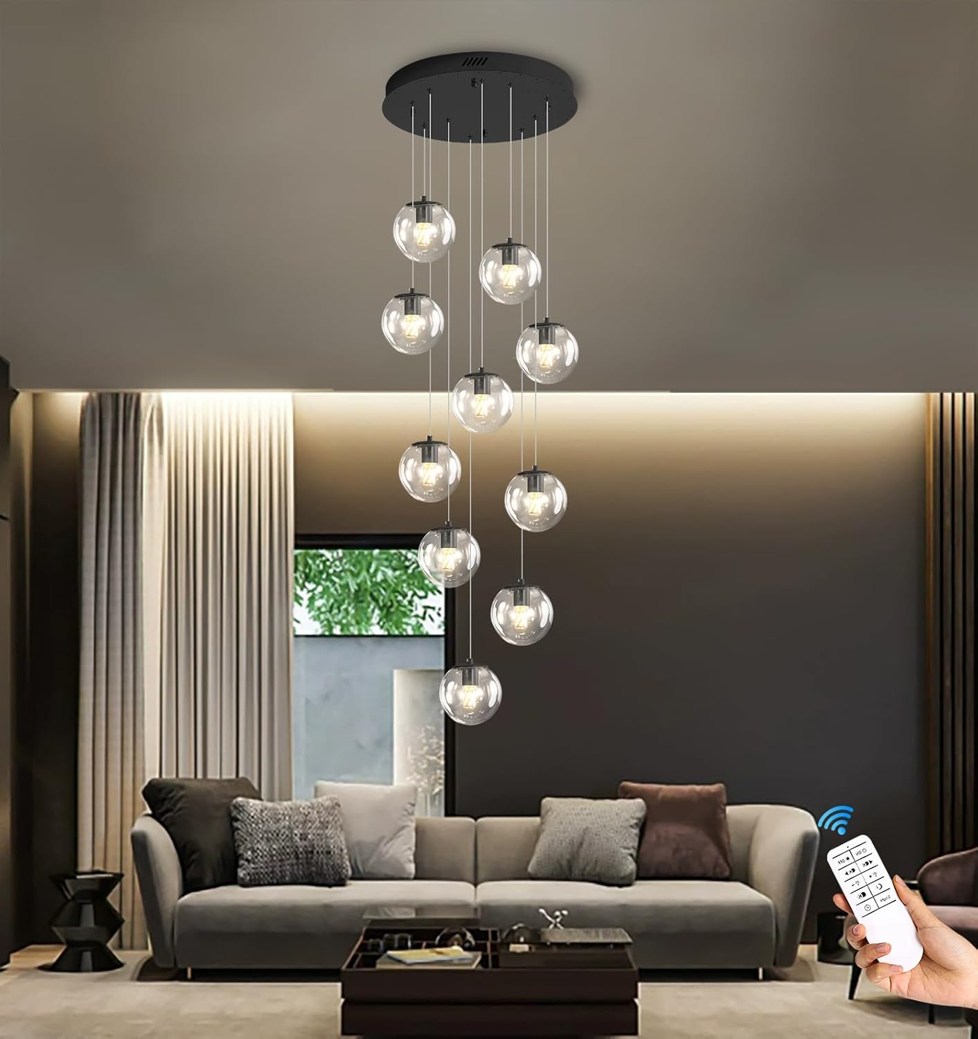 10-Light LED Staircase Modern Glass Globe Pendant Light Large Chandeliers for High Ceilings, Entryway Lighting Fixture Villas and Stairs