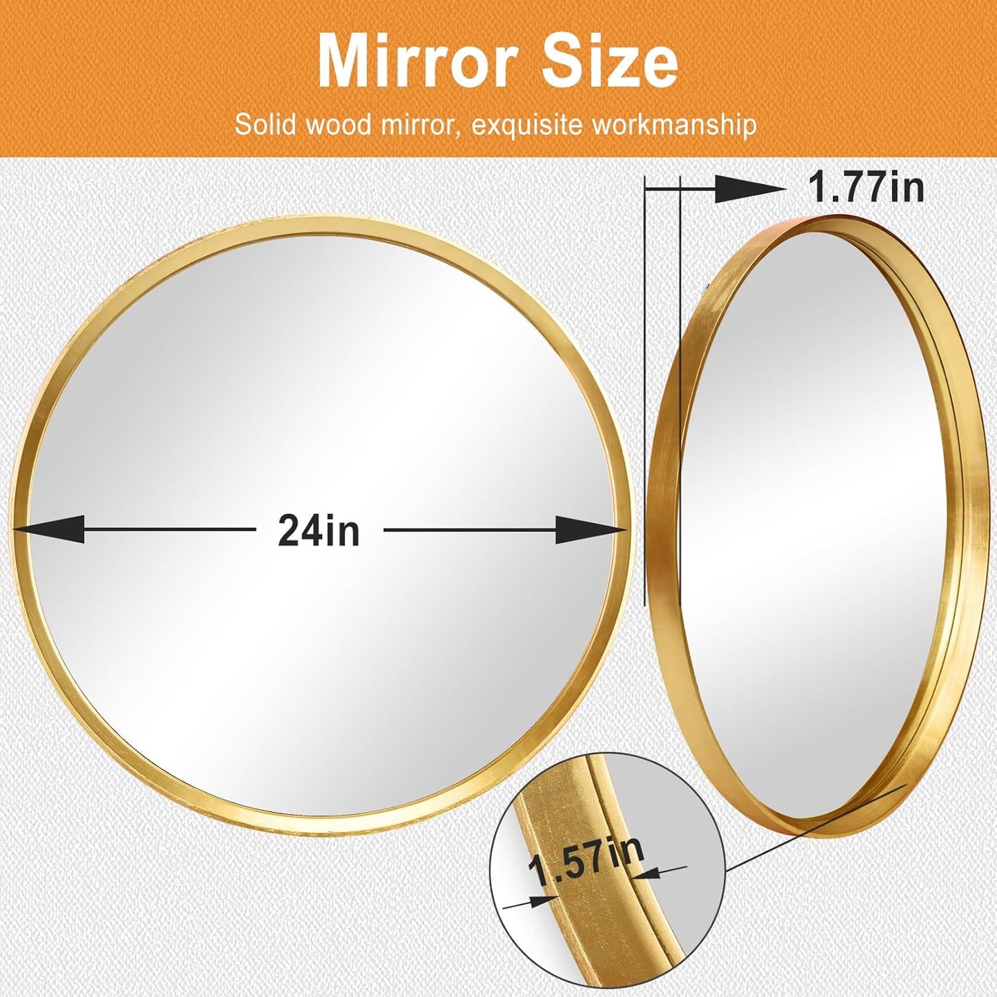 Round Mirror 24 Inch, Gold Wood Mirror, Wall Circle Mirrors, Large Wood Frame Mirror, Round Mirrors for Wall Decor, Bathroom Mirror, Nursery Mirror