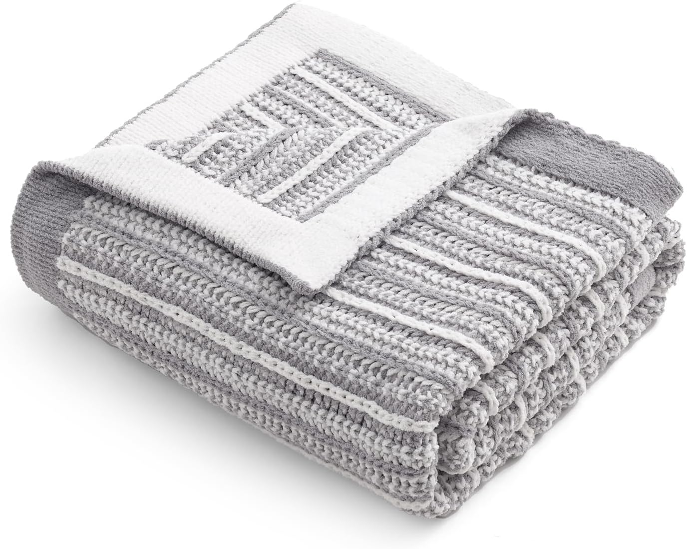 Amélie Home Striped Knit Throw Blanket for Couch, Dual-Sided Soft Chenille Decorative Blankets for Sofa & Chair, 50"x60", Gray & White