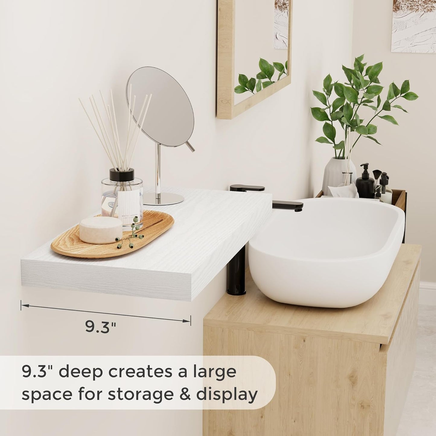 White Floating Shelves for Wall, 16 x 9.3 Wall Shelves Set of 2, Deep Bathroom Shelf with Invisible Bracket, Rustic Wood Floating Shelf for Bedroom, Living Room, Kitchen