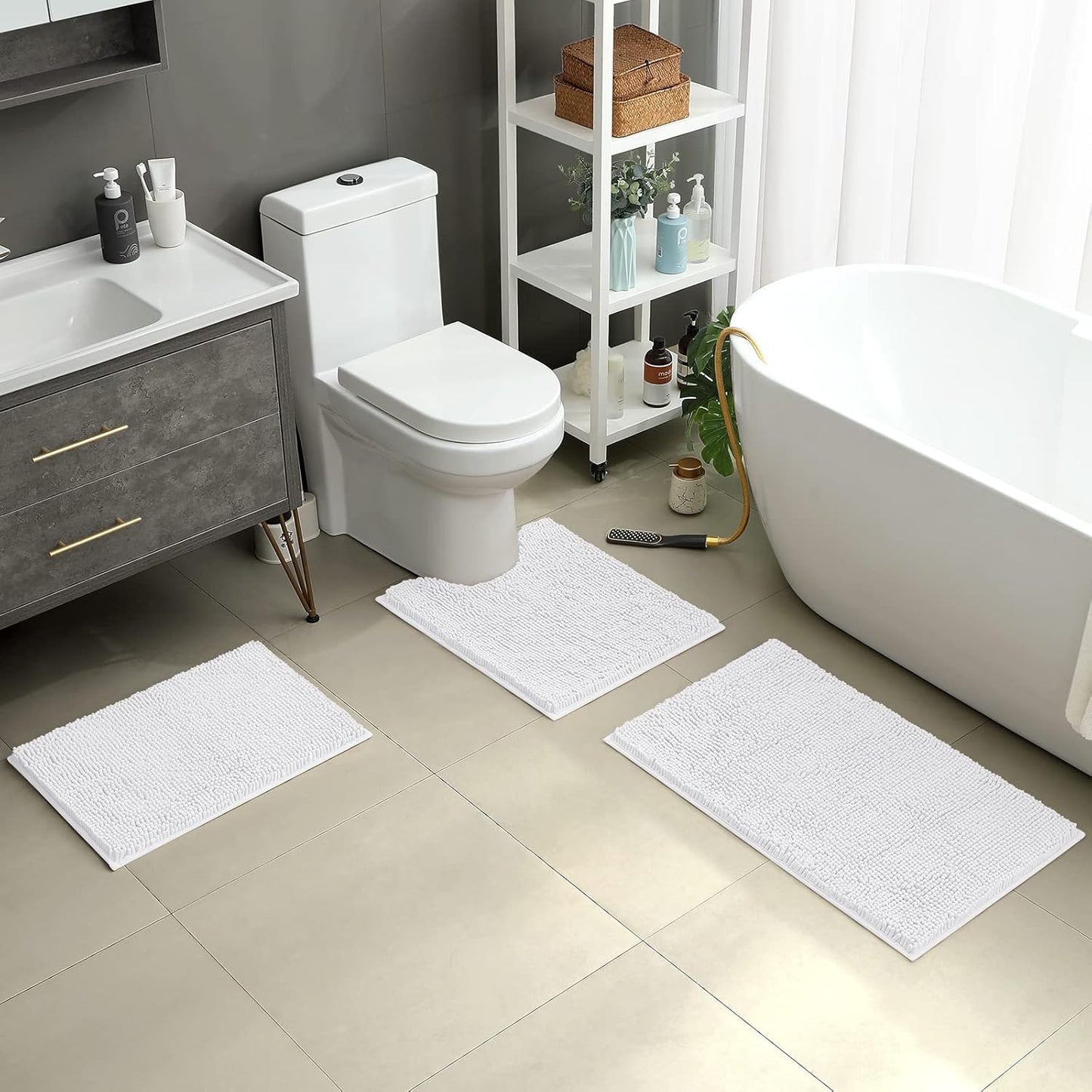 HOMEIDEAS 3 Pieces Bathroom Rugs, Ultra Soft Non Slip Absorbent Chenille Toilet Bath Mat Set (White,17"x24"+20"x32"+U Shape 20"x24")