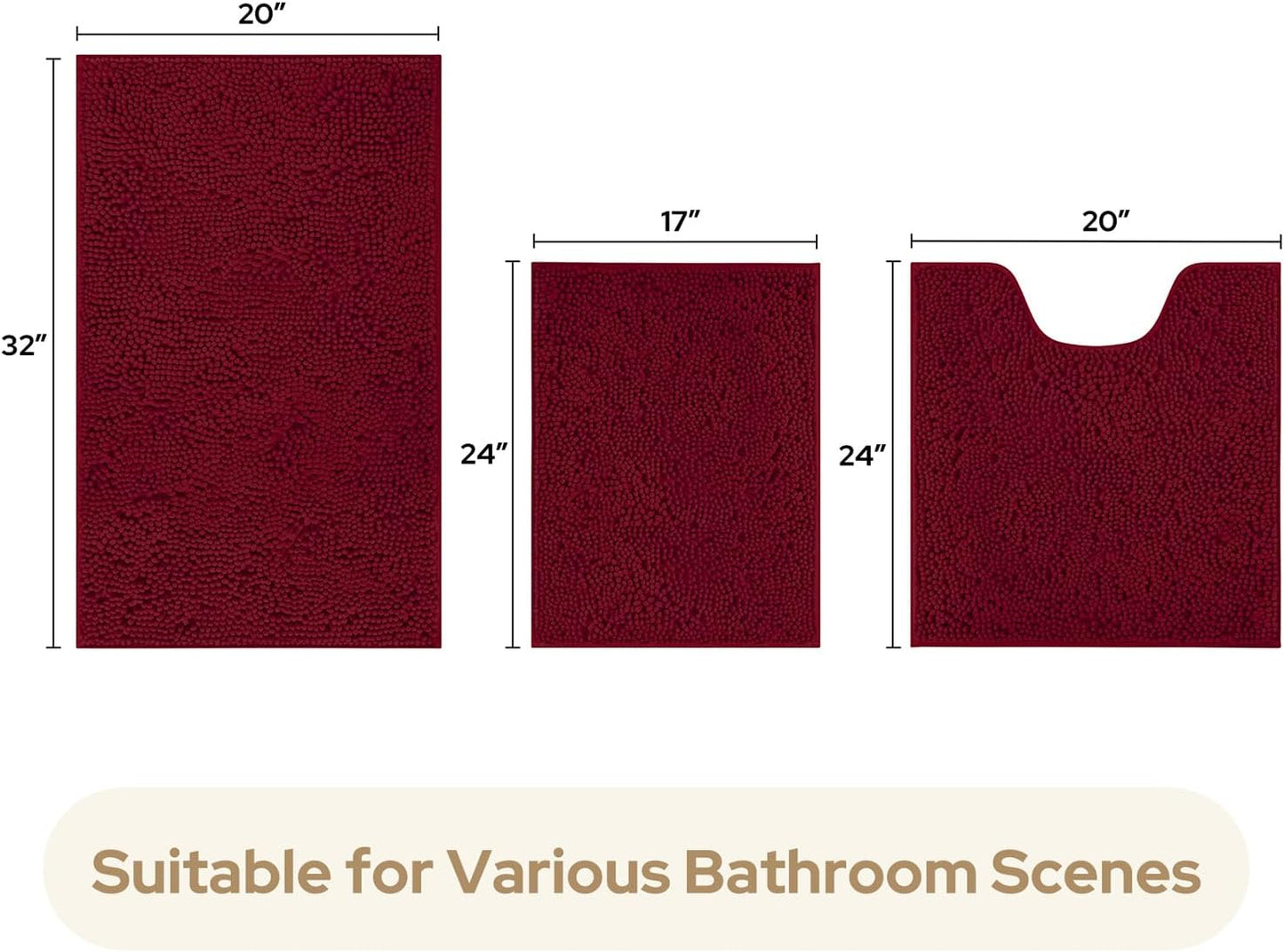 HOMEIDEAS 3 Pieces Bathroom Rugs, Ultra Soft Non Slip Absorbent Chenille Toilet Bath Mat Set (Burgundy,17"x24"+20"x32"+U Shape 20"x24")