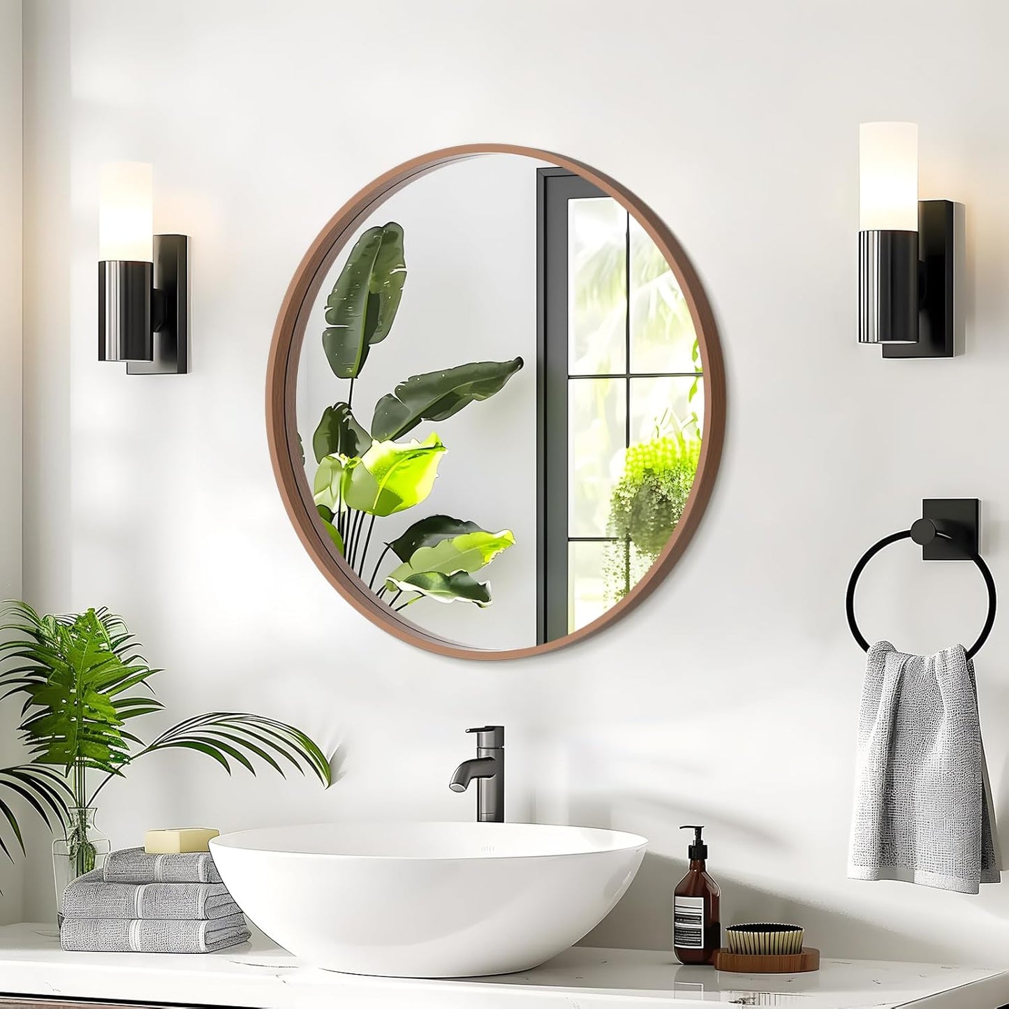 WallBeyond Wood Round Mirror with Wood Frame 24 inch Circle Wall Mirror for Bathroom Round Wall Mirror for Wall Decor, Vanity, Entryway Living Room (Walnut)