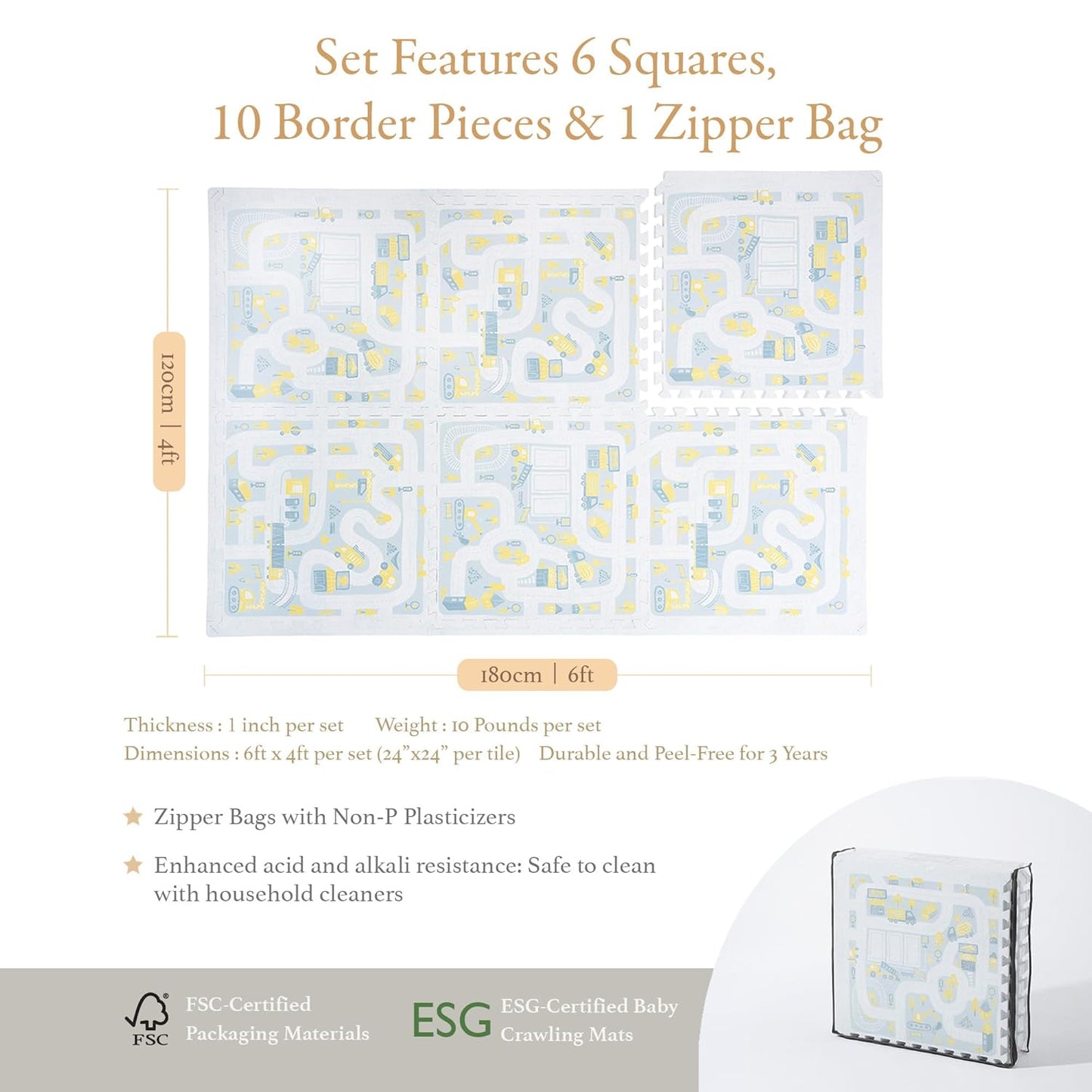 PopsyKosy Premium Baby Foam Play Mats -Stylish Floor & Exercise Puzzle Mat for Toddlers & Kids- 6 Soft, Non-Toxic, Odorless, Peel-Resistant Foam Tiles - 6ft x 4ft -1" inch Extra-Thick, Warm Beige