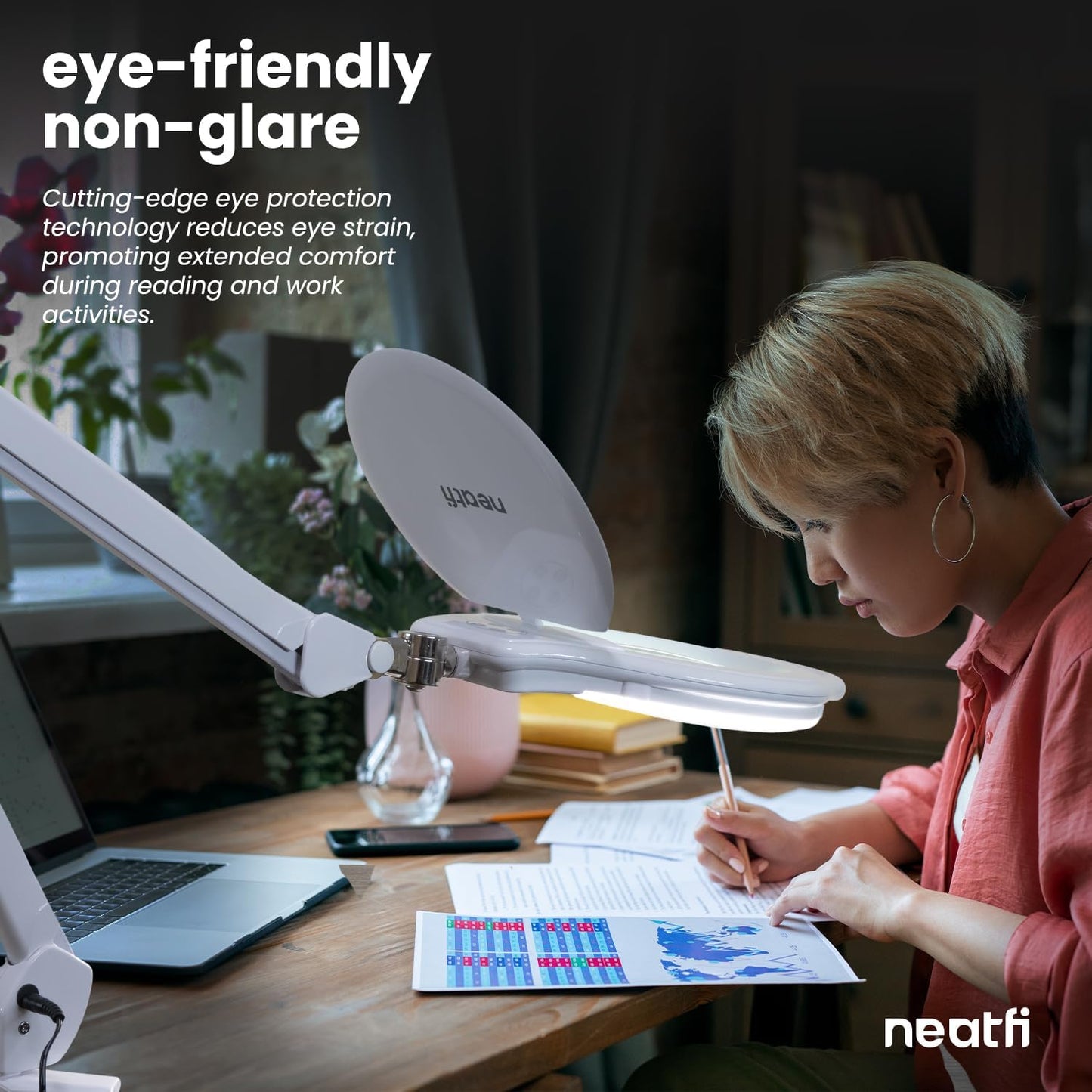 Neatfi Elite XL HD Super LED Magnifying Lamp, 3 Diopter with 12 Diopter, Dimmable, 3 Light Modes (3000K/4000K/6500K), Glare-Free, Adjustable Arm (White, 7-Inch Glass Lens with Clamp)