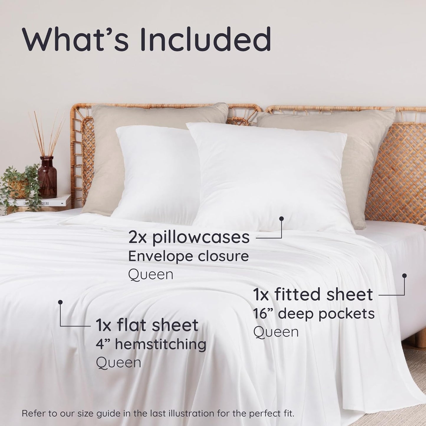 Bambaw 100% Viscose Derived from Bamboo Sheets Queen Size Deep Pocket Set – 4pcs Hotel Luxury Bed Sheets Set, Fits Up to 16'' with Elastic Corner Straps, Ultra Soft Cooling Sheets Queen Size (White)