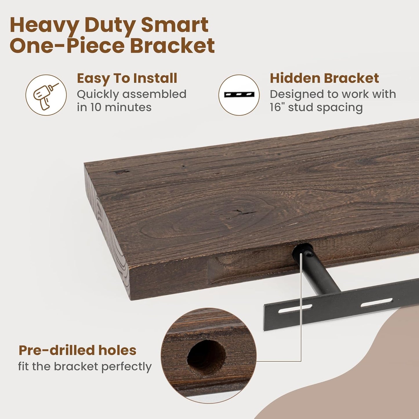 Floating Shelves for Wall Decor, 8 Inch Deep Rustic Solid Elm Wood Floating Shelves Wall Mounted, Wall Shelves with Invisible Bracket for Living Room Bathroom Bedroom Kitchen, 32 Inch Set of 2, Walnut