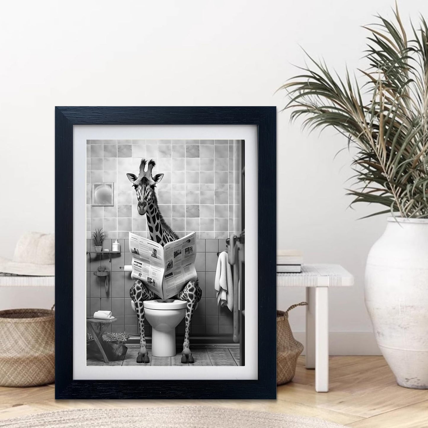 Bathroom Picture Wall Decor Black and White Bathroom Wall Art Giraffe in Toilet Framed Funny Animal Canvas Print Artwork
