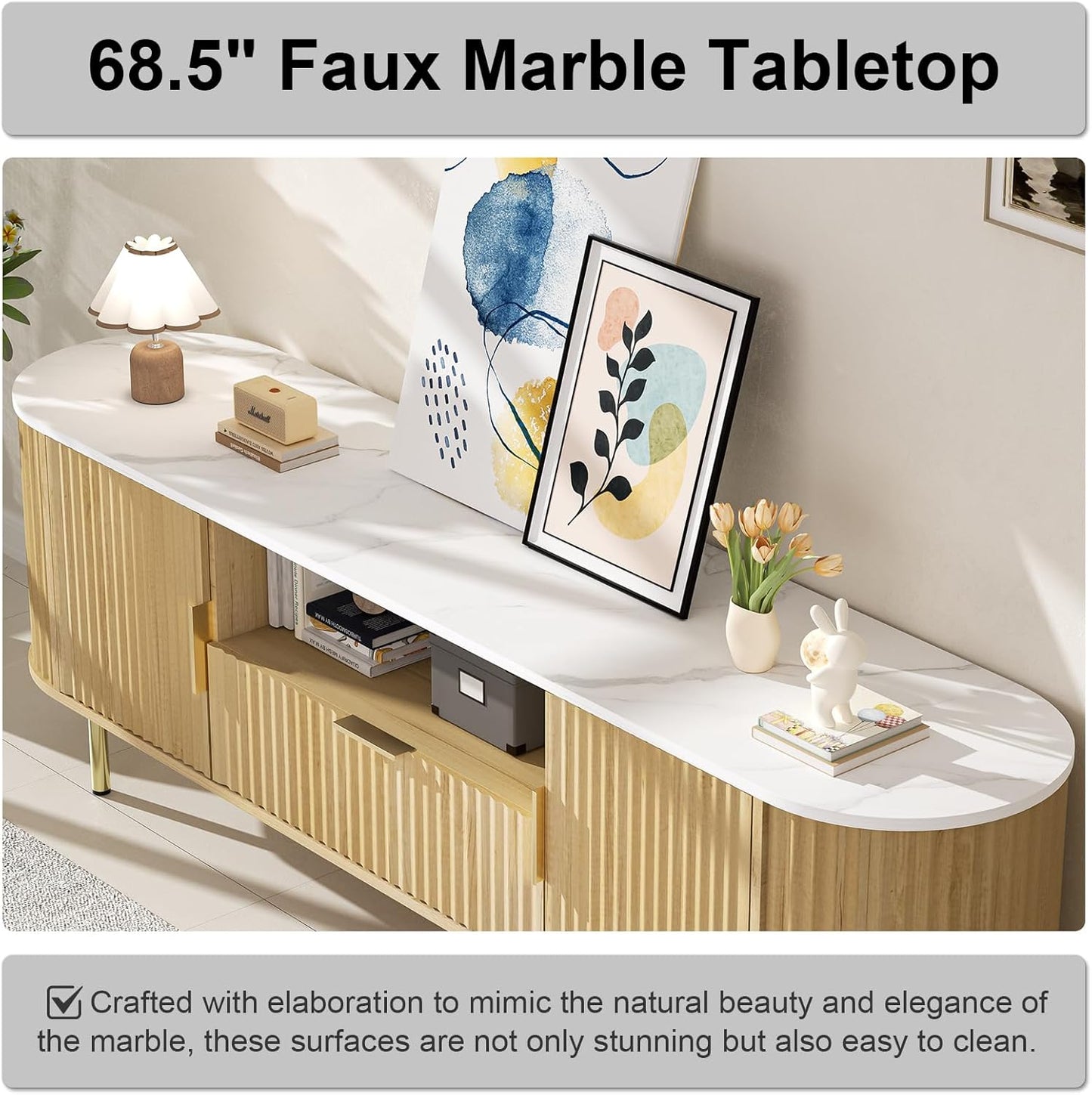 68.5" Fluted TV Stand, Modern Entertainment Center for TVs Up to 68 inch, Wood TV Console with Faux Marble Top and LED, TV Cabinet Media Console, for Living Room, Bedroom, Oak