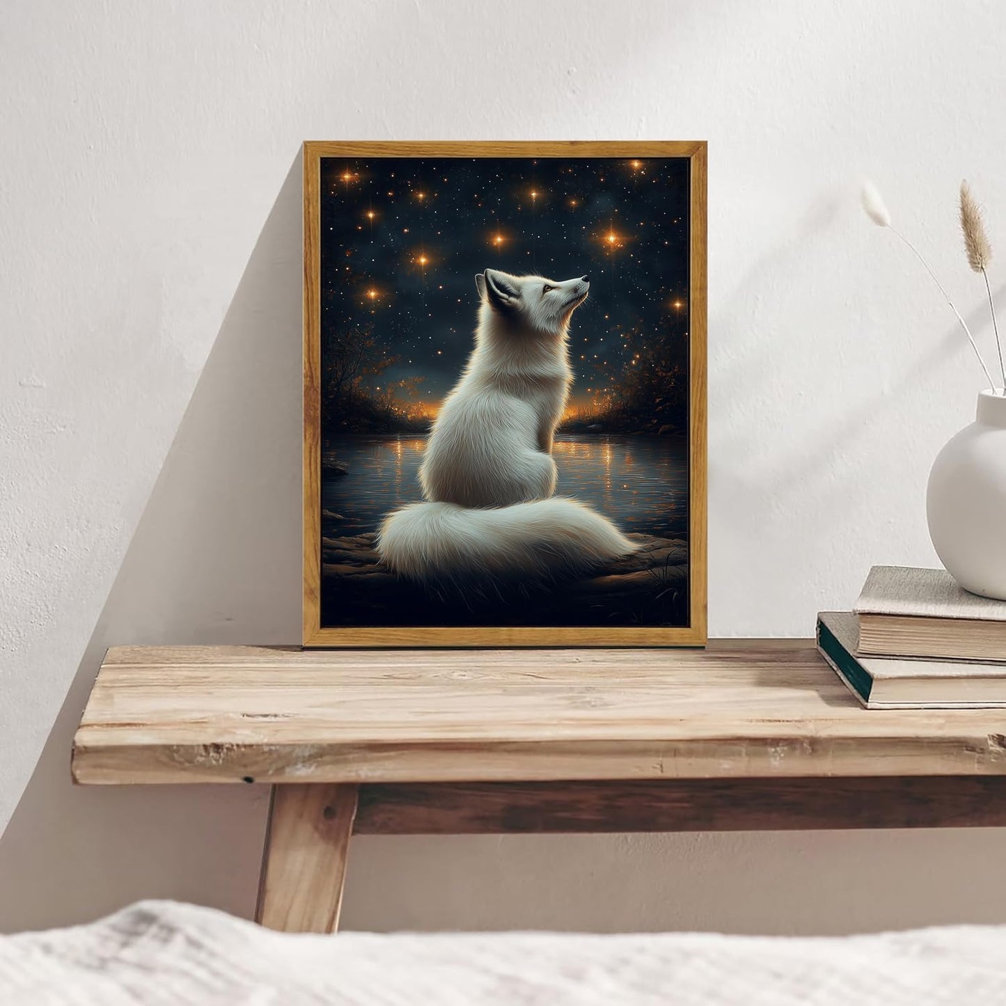 Djmwtb Framed Vintage Wall Art, White Fox Wall Decor,Starry Night Landscape Paintings for Bedroom, Woodland Animal Canvas Pictures Artwork Prints for Living Room 16x24in
