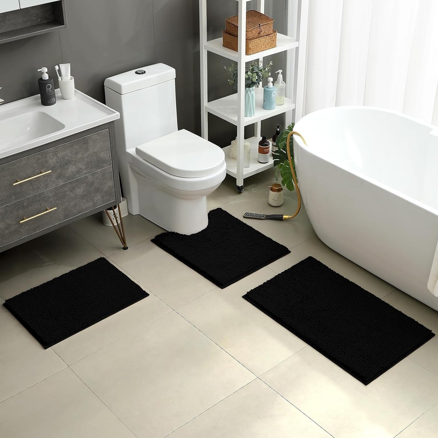 HOMEIDEAS 3 Pieces Bathroom Rugs, Ultra Soft Non Slip Absorbent Chenille Toilet Bath Mat Set (Black,17"x24"+20"x32"+U Shape 20"x24")