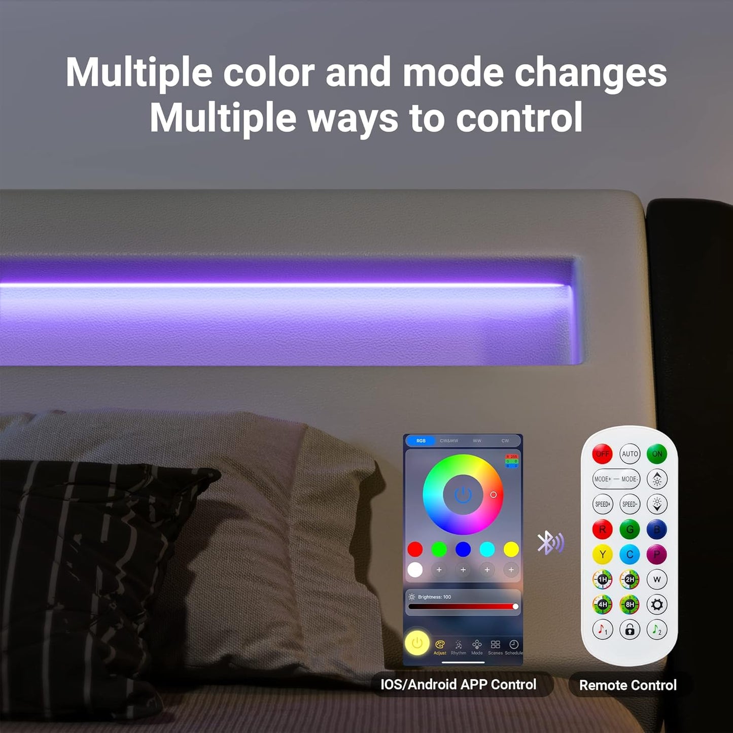 Allewie King Size LED Platform Bed Frame with Adjustable Headboard/No Box Spring Need/Easy Assembly/Faux Leather in White and Black