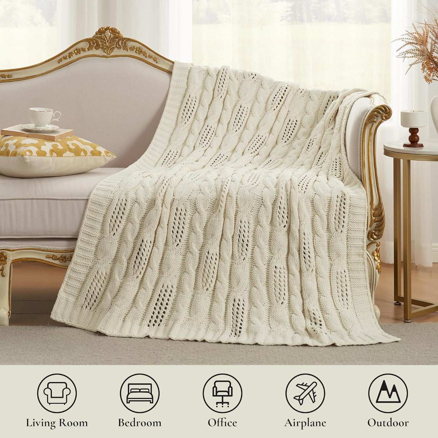 Amélie Home Chunky Knit Throw Blanket, Dual-Sided Soft Chenille Breathable Cable Knitted Blanket for Couch, Farmhouse Decorative Throw for Sofa & Chair, 60"x80", Ivory