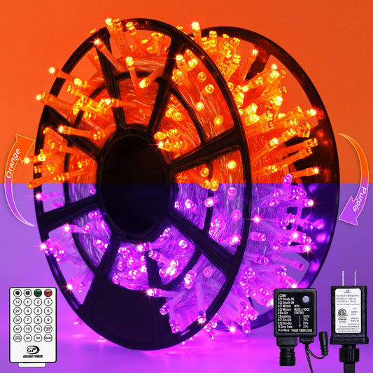 JMEXSUSS Christmas Lights, 8 Modes Waterproof Christmas Light Outdoor Plug in, Clear Wire String Lights Indoor Bedroom 500 LED Orange and Purple 163 FT
