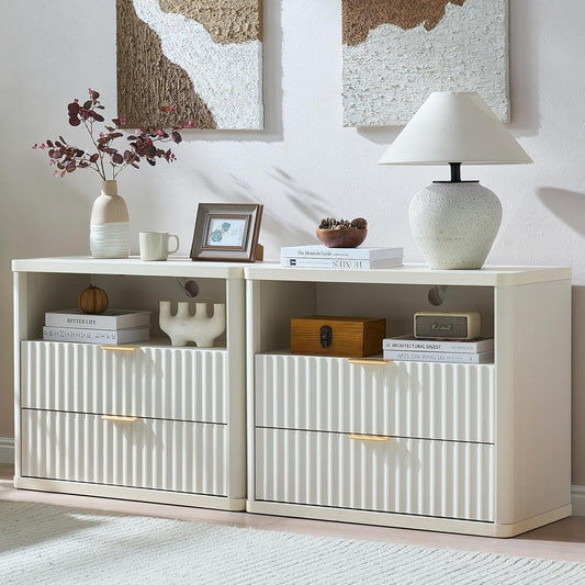 LEYAOYAO 31" Wide Fluted Nightstand Set of 2 with Charging Station, Oversized Extra Large 2 Drawers Night Stand,White Wood Bedside Table,Tall End Tables,Modern Chest of Drawers Dressers for Bedroom
