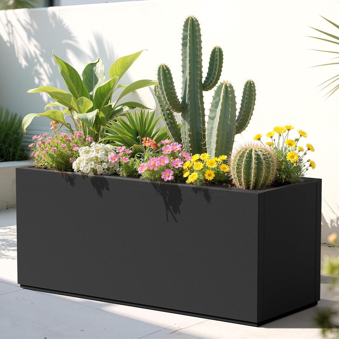 Large Rectangle Planter Metal Black Planter Box with a Drainage Hole and a Removable Divider Indoor Outdoor Porch Pots for Tall Plants, Trees, Flowers 37.99"x 15" x 16.26" Black