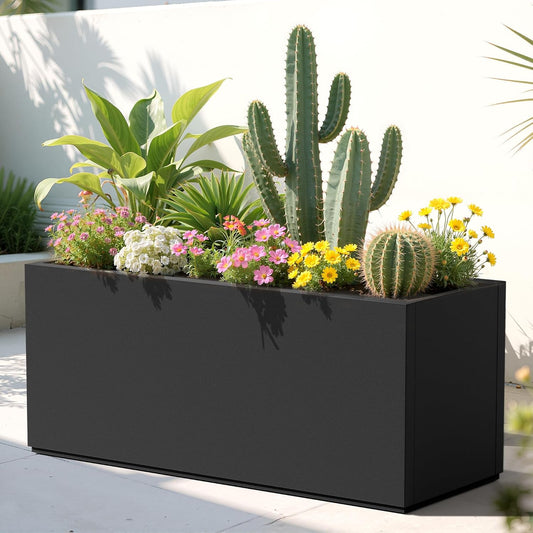 Large Rectangle Planter Metal Black Planter Box with a Drainage Hole and a Removable Divider Indoor Outdoor Porch Pots for Tall Plants, Trees, Flowers 37.99"x 15" x 16.26" Black